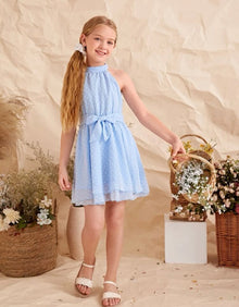  Girls Swiss Dot Chiffon Belted Halter Dress