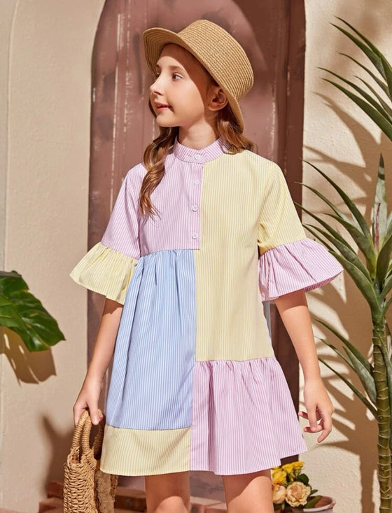 Girls Striped Color Block Flounce Sleeve Smock Dress