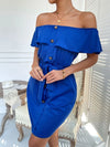 Fake Buttons Off The Shoulder Belted Dress