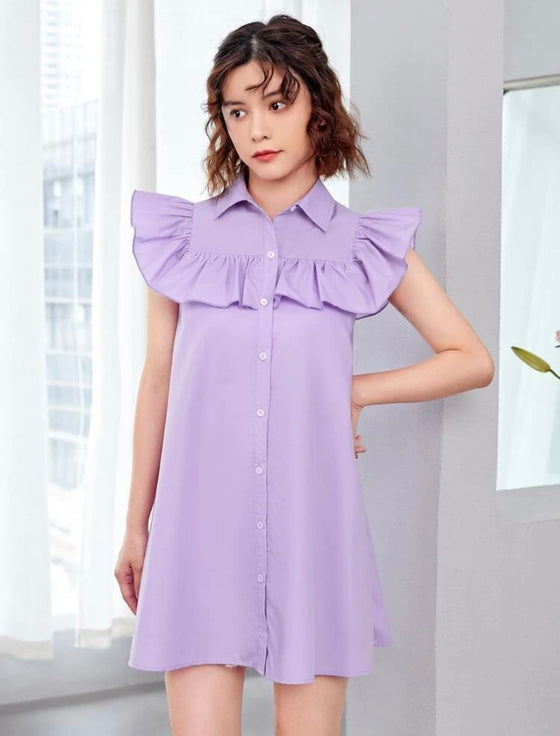 Girls Ruffle Trim Button Front Shirt Dress