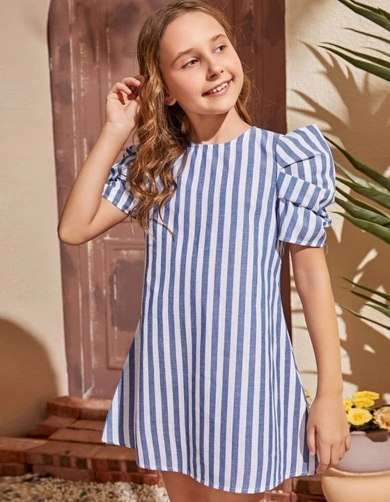 Girls Striped Puff Sleeve Tunic Dress