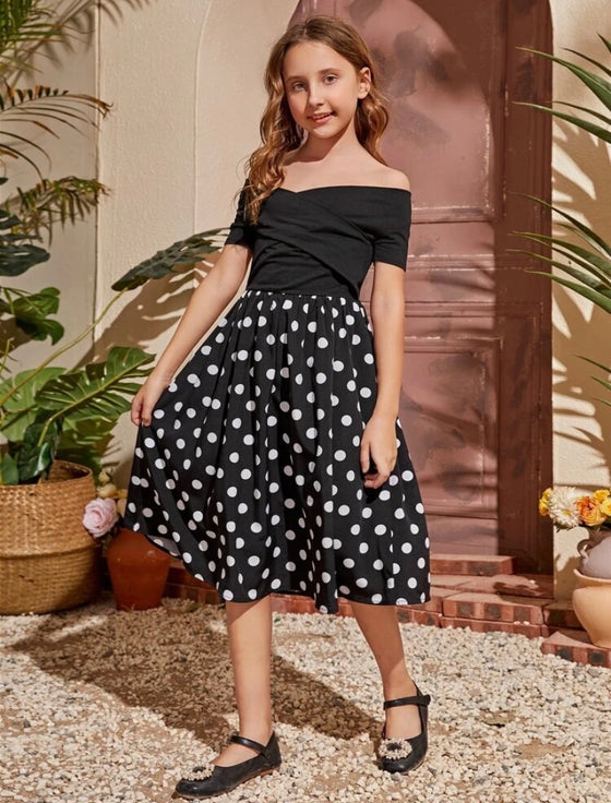 Girls Polka Dot Print Off Shoulder Dress