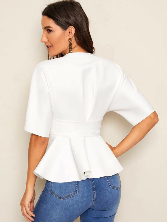 PLUNGE NECK TIE WAIST PEPLUM TOP