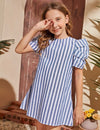 Girls Striped Puff Sleeve Tunic Dress