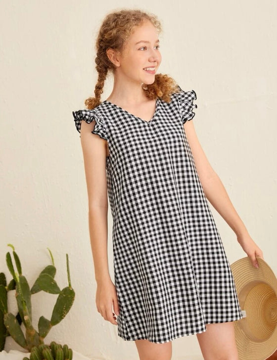 Girls Ruffle Trim Gingham Print Tunic Dress