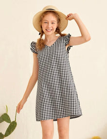  Girls Ruffle Trim Gingham Print Tunic Dress