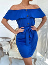 Fake Buttons Off The Shoulder Belted Dress