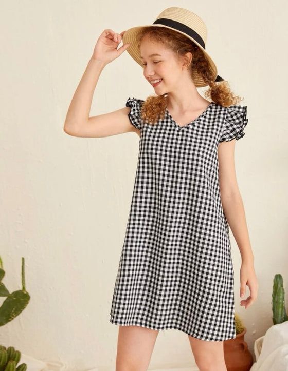 Girls Ruffle Trim Gingham Print Tunic Dress