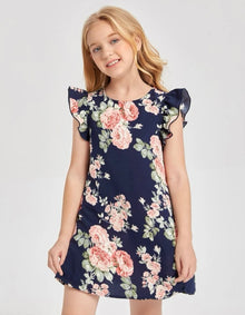  Girls Ruffle Trim Floral Print Dress