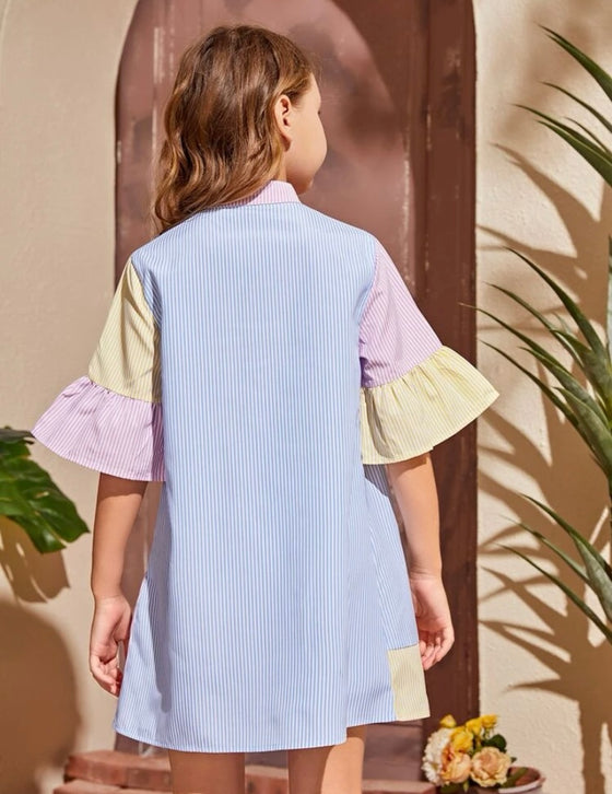 Girls Striped Color Block Flounce Sleeve Smock Dress