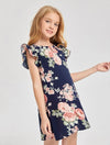 Girls Ruffle Trim Floral Print Dress