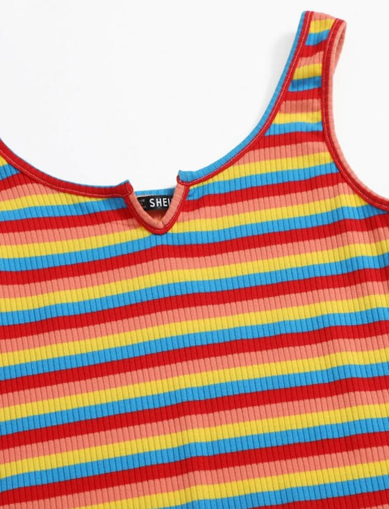 NOTCHED NECKLINE RAINBOW STRIPED DRESS