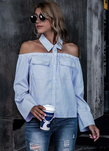  COLLARED BUTTONED FRONT STRIPED HALTER BLOUSE