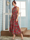 SELF BELTED FLORAL HALTER NECK DRESS