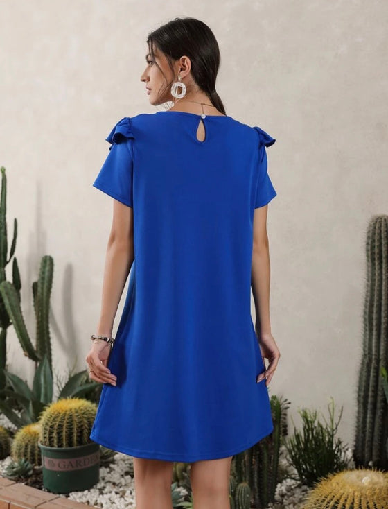 RUFFLE TRIM KEYHOLE BACK TEE DRESS