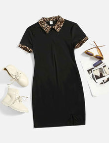  Teen Girls Contrast Leopard Panel Split Hem Dress