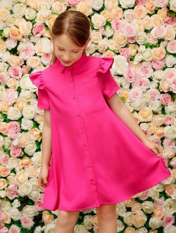 Girls Ruffle Trim Patched Pocket Single Breasted Dress