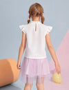 Girls Frill Neck Ruffle Armhole Pearls Beaded Top