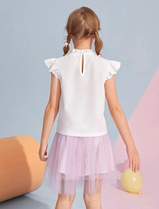 Girls Frill Neck Ruffle Armhole Pearls Beaded Top