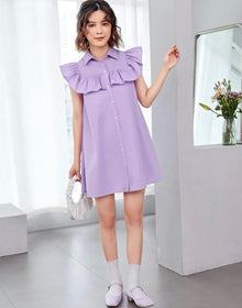  Girls Ruffle Trim Button Front Shirt Dress