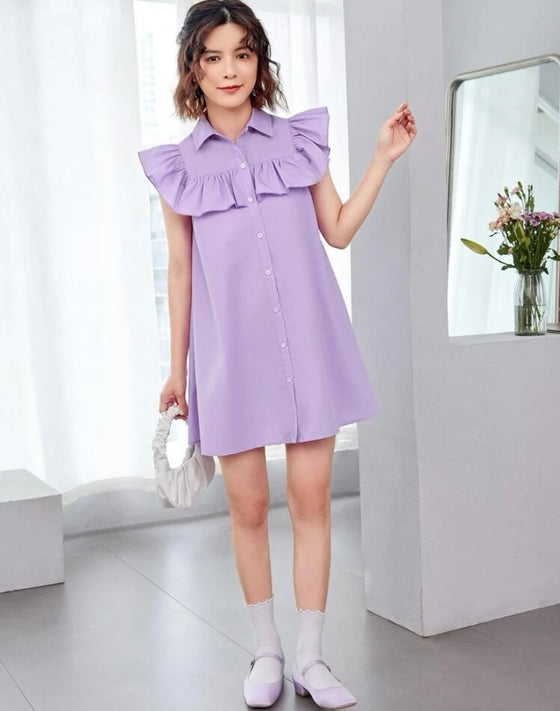 Girls Ruffle Trim Button Front Shirt Dress