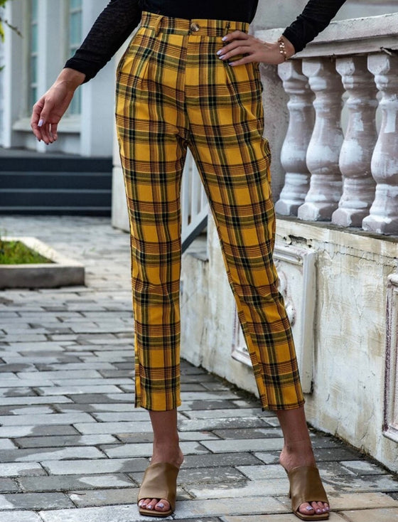 PLAID HIGH RISE TAPERED PANTS