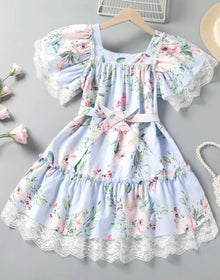  Girls Floral Print Contrast Lace Frill Trim Belted Dress