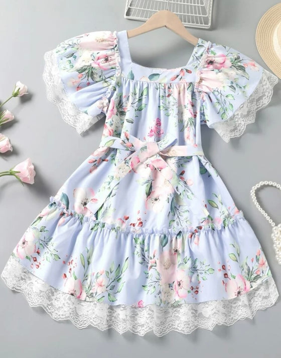 Girls Floral Print Contrast Lace Frill Trim Belted Dress