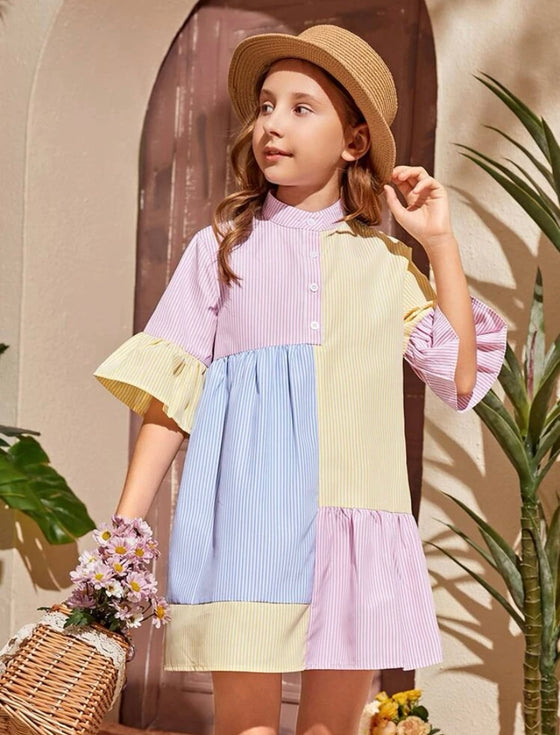 Girls Striped Color Block Flounce Sleeve Smock Dress