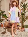 Girls Striped Color Block Flounce Sleeve Smock Dress