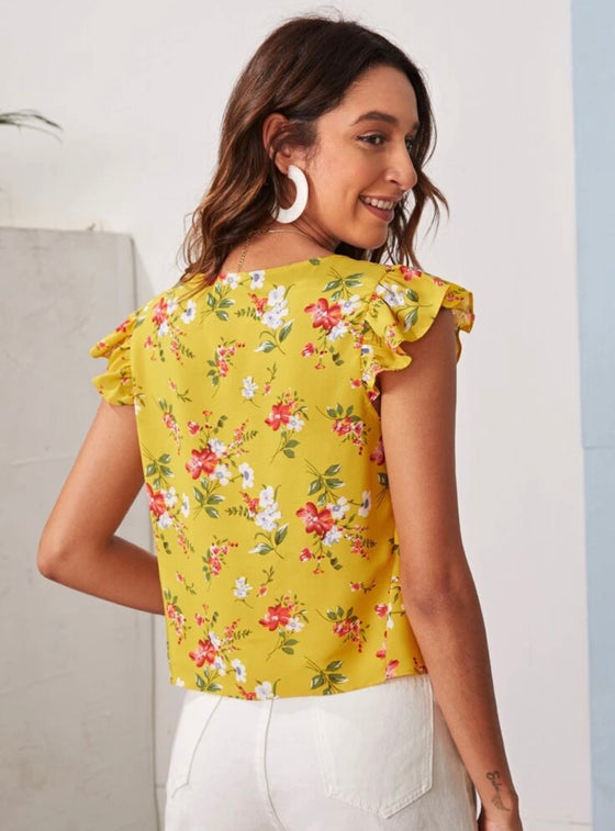 FLORAL BUTTERFLY SLEEVE KNOT FRONT TOP