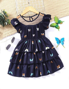  Toddler Girls Butterfly Print Contrast Mesh Flutter Sleeve Layered Hem Dress