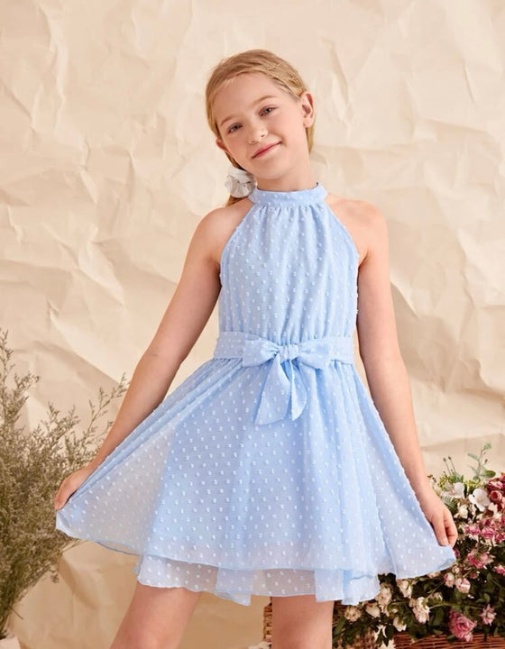 Girls Swiss Dot Chiffon Belted Halter Dress