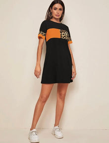  LEOPARD COLORBLOCK TEE DRESS