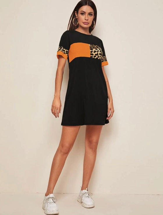 LEOPARD COLORBLOCK TEE DRESS