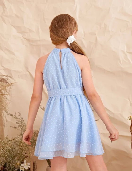 Girls Swiss Dot Chiffon Belted Halter Dress