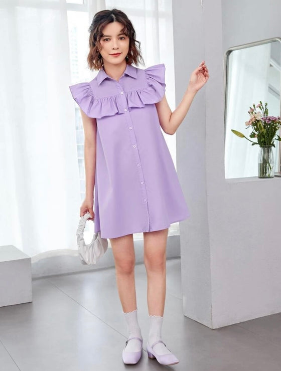 Girls Ruffle Trim Button Front Shirt Dress