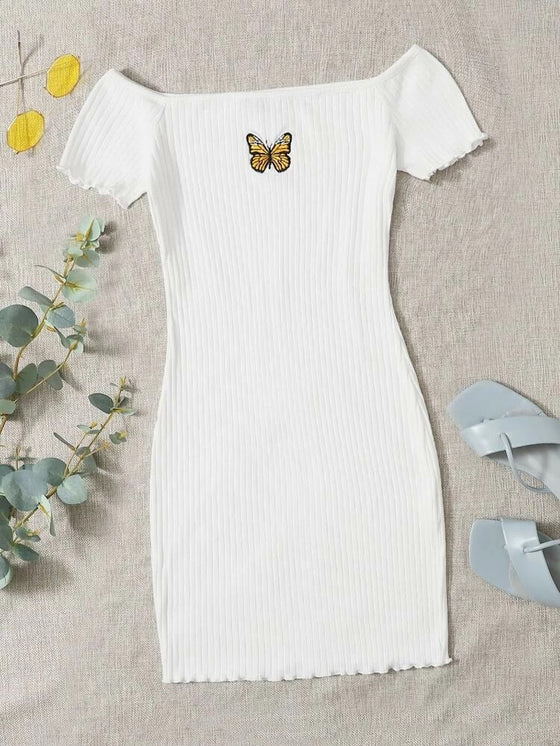 EMBROIDERED BUTTERFLY GRAPHIC RIBBED DRESS