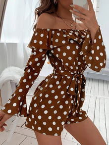  POLKA DOT BELTED RUFFLE TRIM BARDOT ROMPER