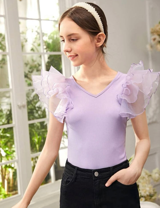 Teen Girls V-neck Layered Mesh Sleeve Top