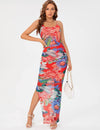 TALL FLORAL PRINT RUCHED SPLIT THIGH CAMI DRESS