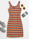 NOTCHED NECKLINE RAINBOW STRIPED DRESS