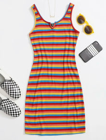  NOTCHED NECKLINE RAINBOW STRIPED DRESS