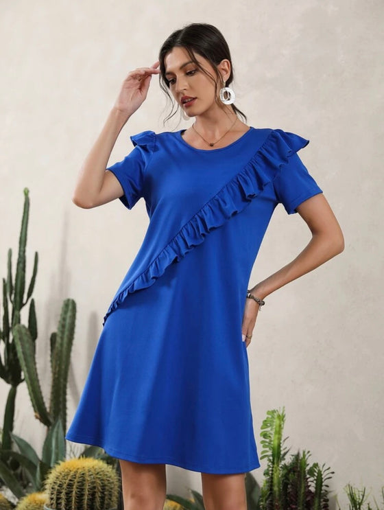 RUFFLE TRIM KEYHOLE BACK TEE DRESS