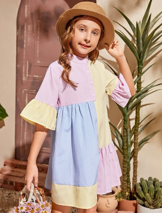 Girls Striped Color Block Flounce Sleeve Smock Dress