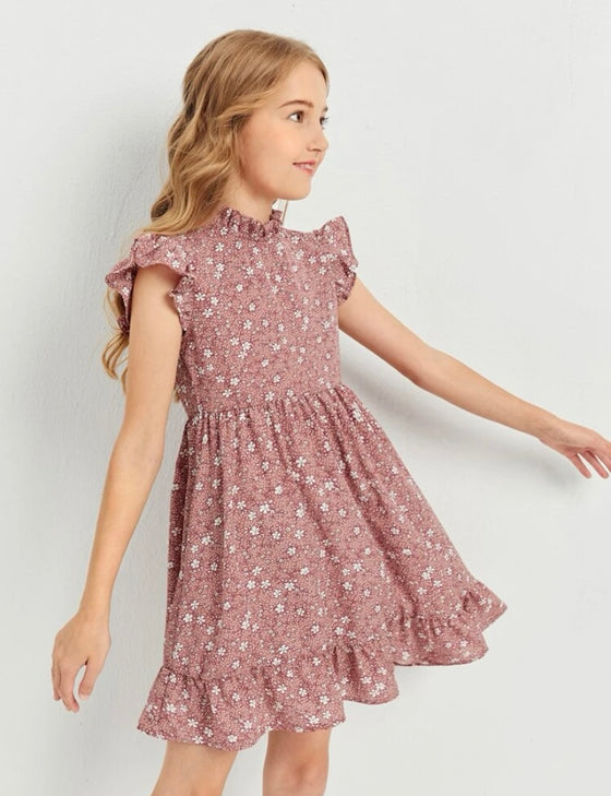 Girls Ditsy Floral Butterfly Sleeve Ruffle Hem Dress