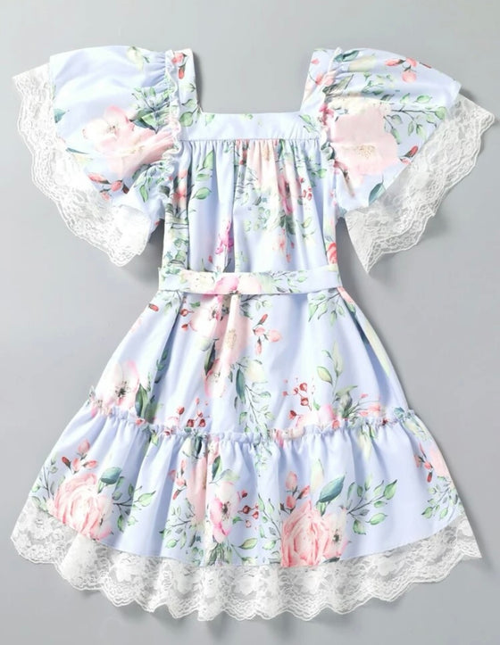 Girls Floral Print Contrast Lace Frill Trim Belted Dress