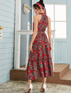 SELF BELTED FLORAL HALTER NECK DRESS
