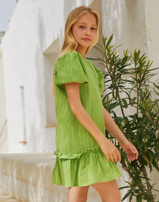 Girls Puff Sleeve Ruffle Detail Smock Dress