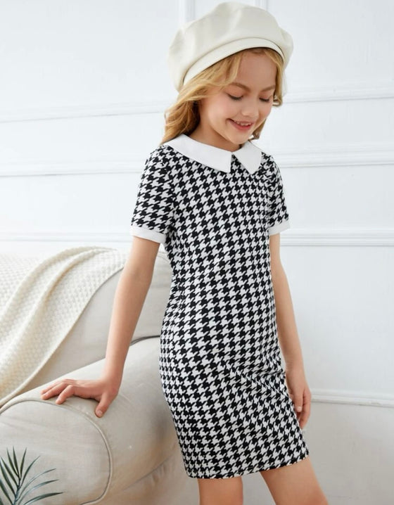 Girls Keyhole Back Houndstooth Print Fitted Dress